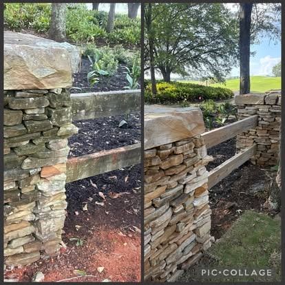 Stone fence posts and wooden rails before and after cleaning. Landscaping in background.