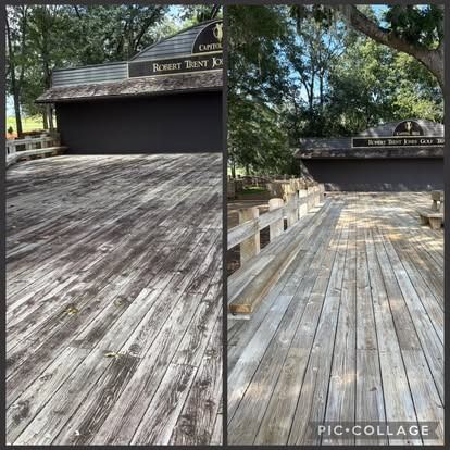 Before and after comparison of a wooden deck. Left side is dirty; right side is cleaned. Building in background.