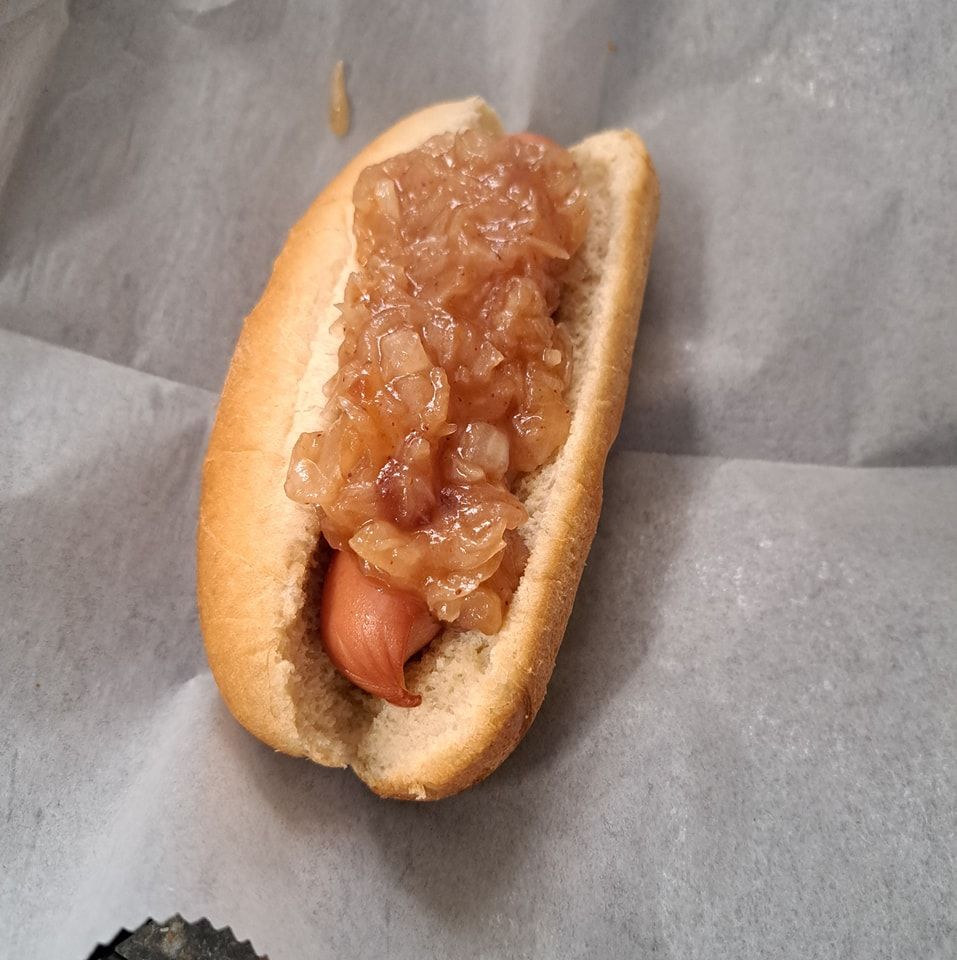 A hot dog on a bun with onions on it