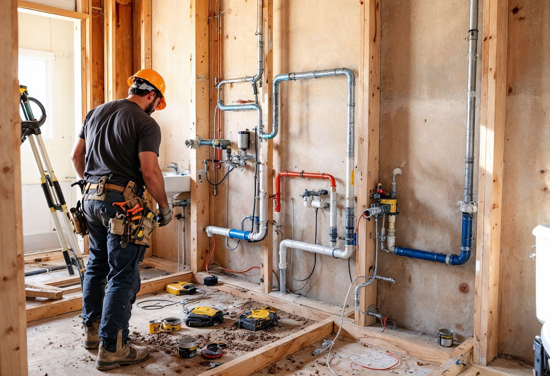 Un homme travaille sur des tuyaux dans une salle de bain en construction.