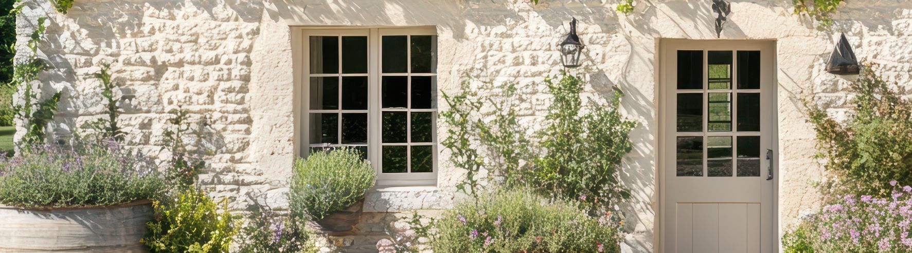 A brick building with a white door and windows surrounded by plants.
