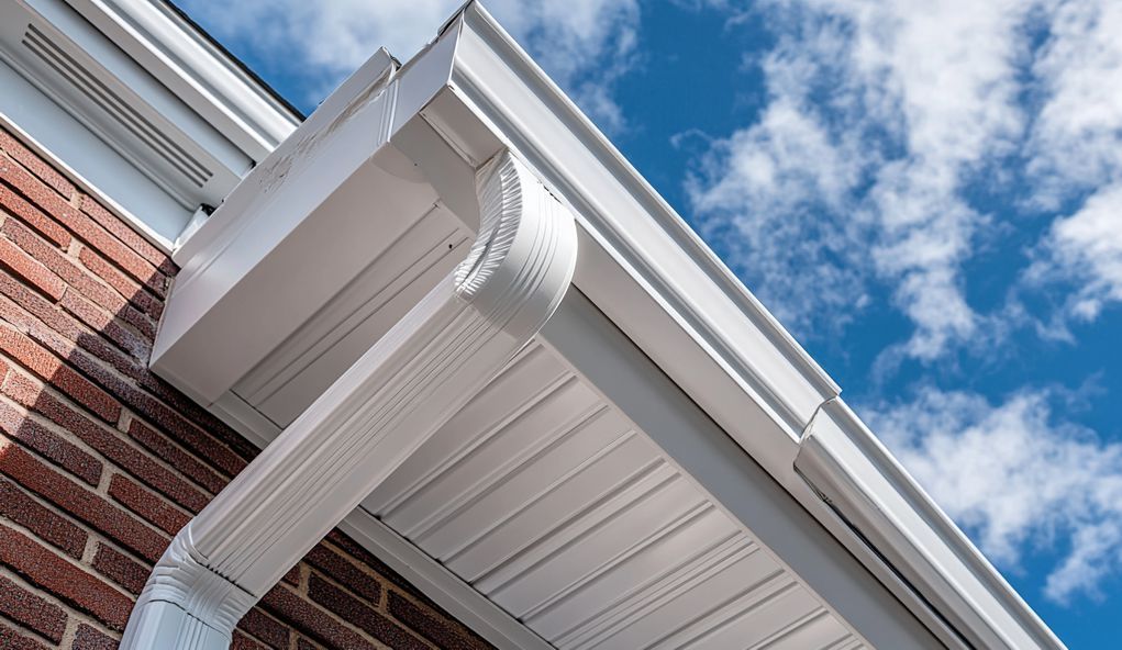 A white gutter on the side of a brick building with a blue sky in the background.