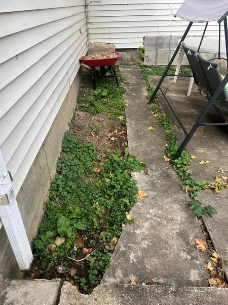 A red wheelbarrow is sitting on a sidewalk next to a house.