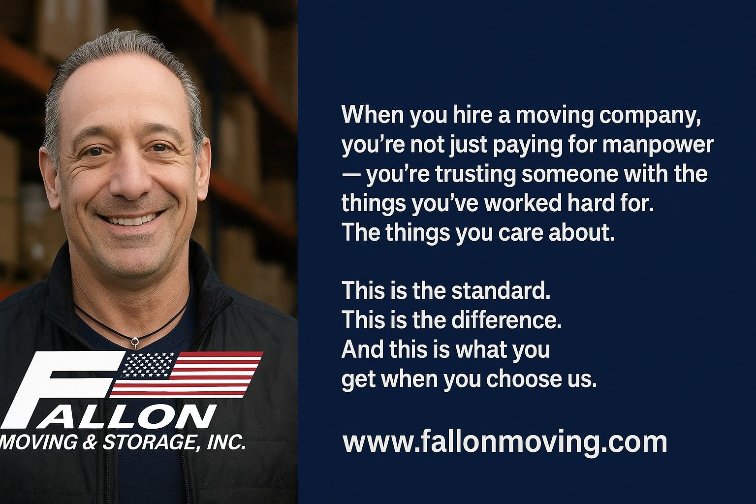 Smiling man in front of a moving company logo, text promoting trust and quality service.