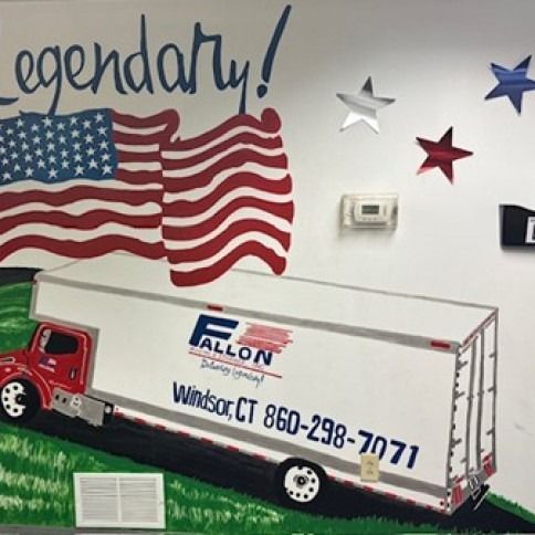 Mural with a red and white truck, American flag, stars, and company logo: Fallon Delivery Group, Windsor, CT.
