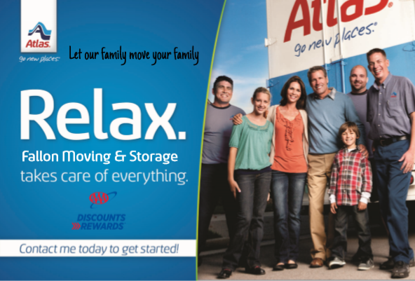 Advertisement for Fallon Moving & Storage. family stands by moving truck. The slogan reads