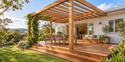 Design illustration of a covered timber deck with an outdoor dining table