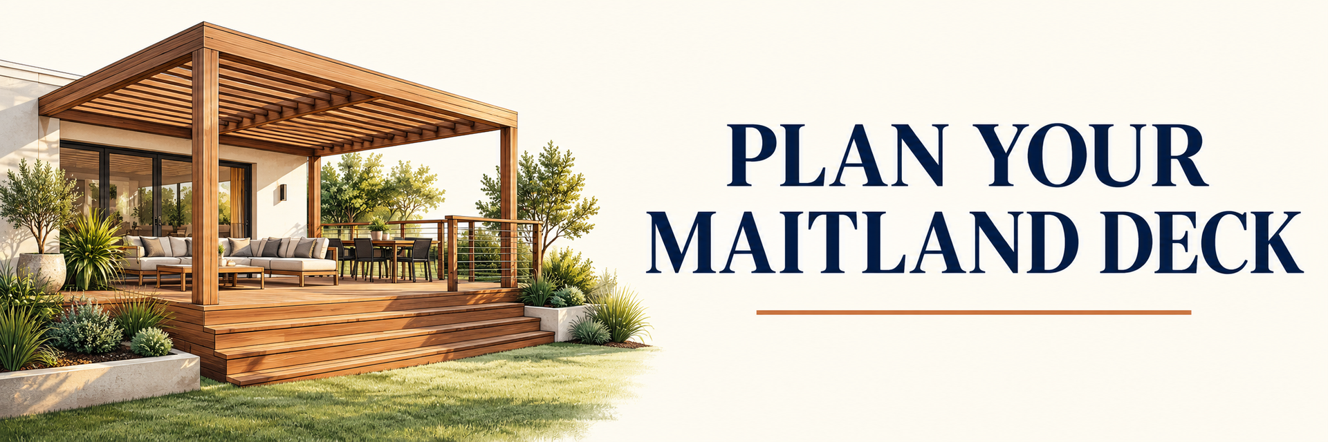 Plan your Maitland deck — illustrated pergola and enquiry banner