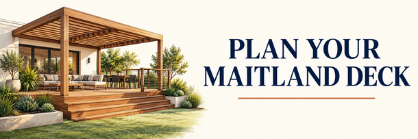 Plan your Maitland deck — illustrated pergola and enquiry banner