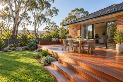 Design illustration of a natural timber deck beside an Australian brick home