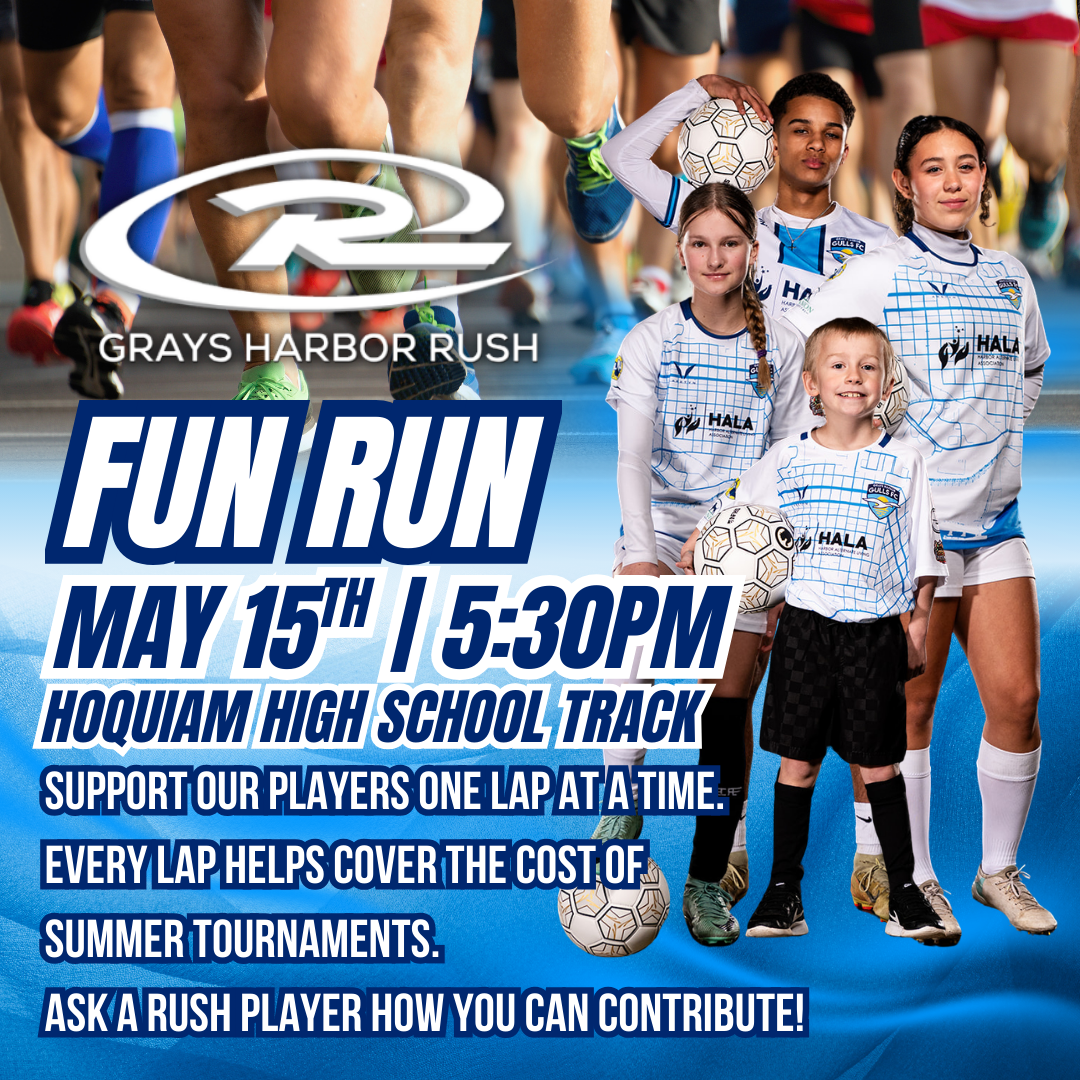 Grays Harbor Rush fun run poster with team runners at Hoquiam High School track, May 15 at 5:30 PM