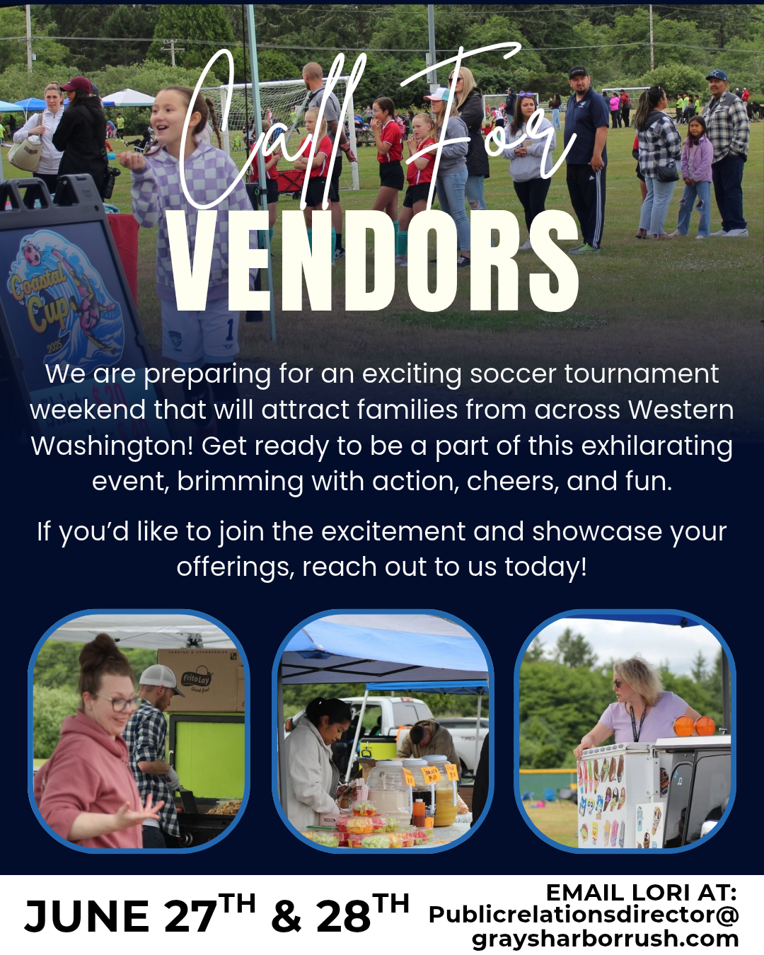 Call for vendors poster with text, people at tables, and June 27–28 dates for a family fishing event