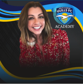Woman smiling in a red floral shirt, with Grays Harbor Gulls FC Academy logo.