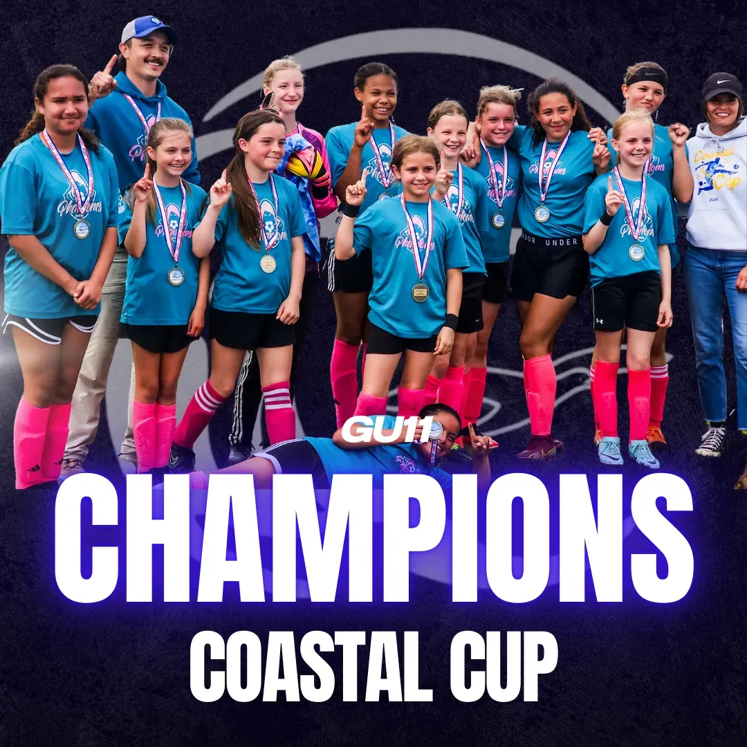 GU11 soccer team celebrates Coastal Cup victory, wearing teal shirts and medals.