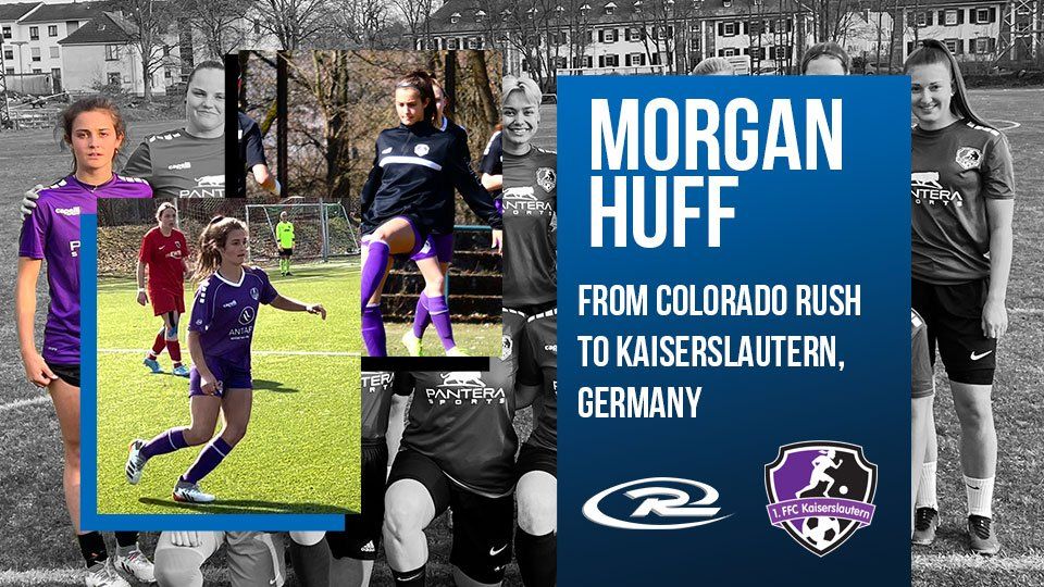 Collage: Morgan Huff, soccer player, from Colorado to Kaiserslautern, Germany. Players in purple and black uniforms on the field.