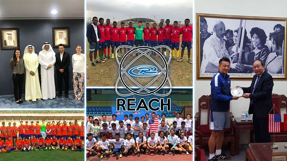 Collage of photos: meetings, soccer teams, and a presentation ceremony; includes the word