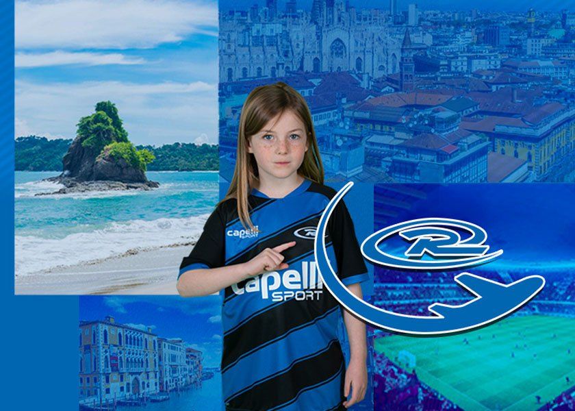 Girl in soccer jersey pointing at travel logo with beach, city, and building backgrounds.