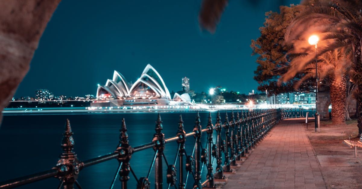 The sydney opera house is lit up at night with a fence in the foreground.