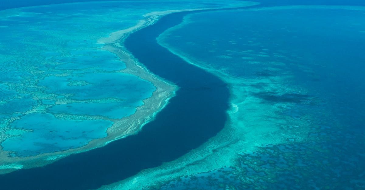 An aerial view of a river running through a coral reef in the ocean.
