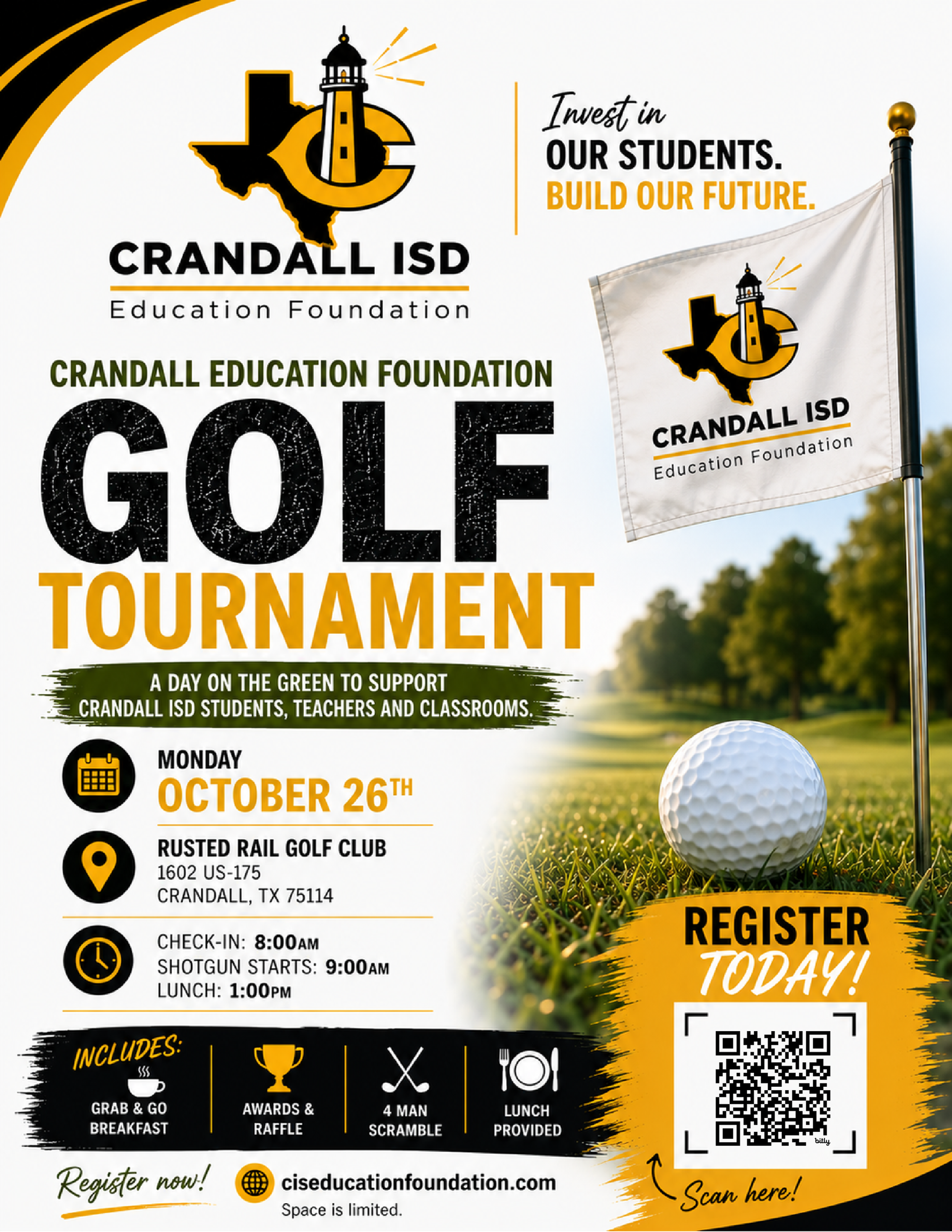 Crandall Education Foundation golf tournament flyer with golf ball, course background, and QR code registration panel