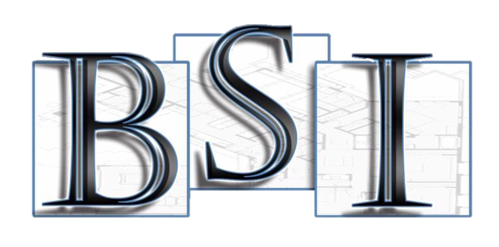 BSI logo with dark metallic letters; blueprints visible within letter outlines.