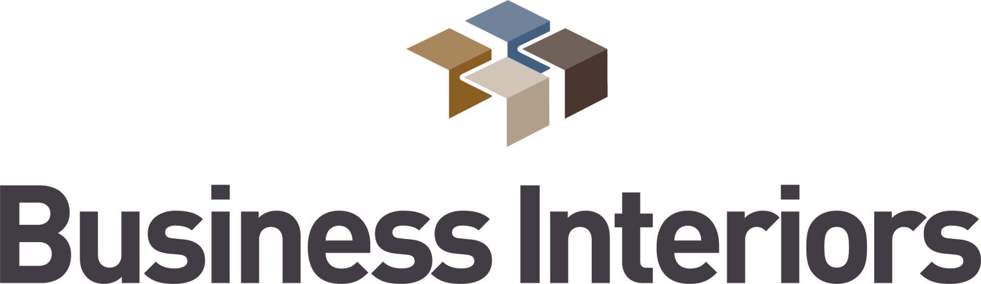 Logo for Business Interiors: Text below an abstract design of colored blocks.