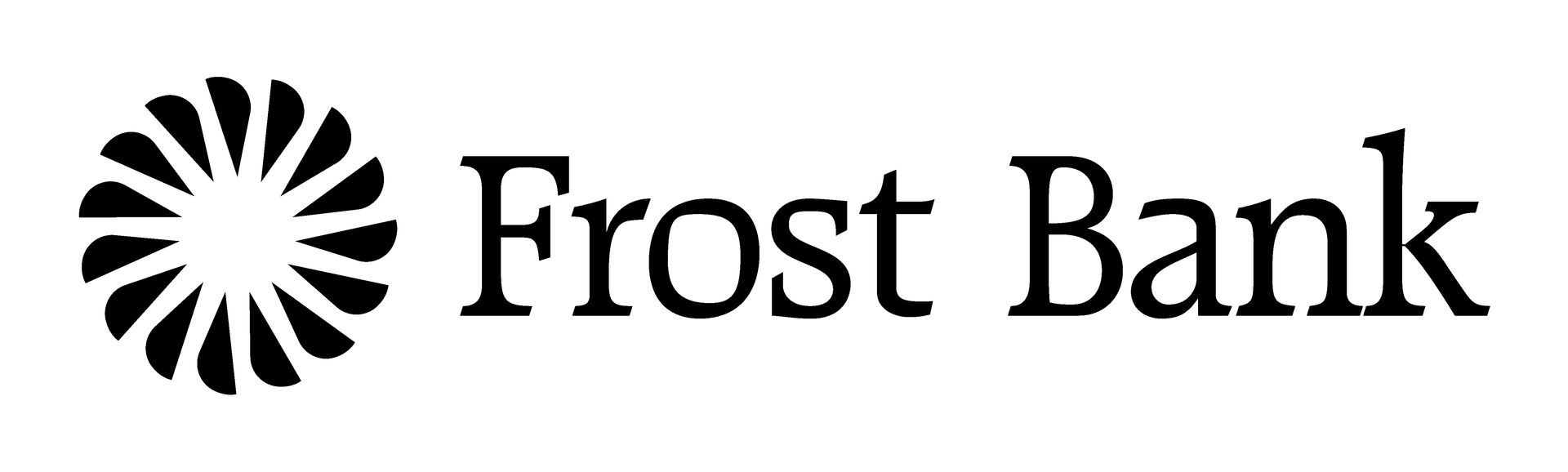 Frost Bank logo: black stylized sunburst symbol with 