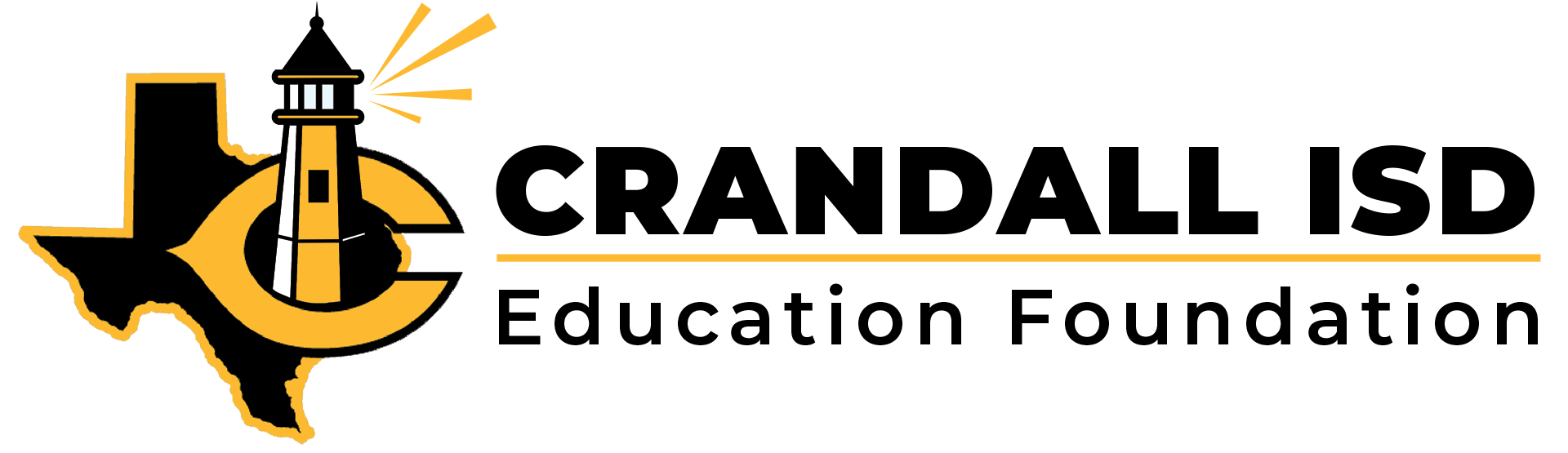 Logo for Crandall ISD Education Foundation: Texas silhouette with a lighthouse, the letter 