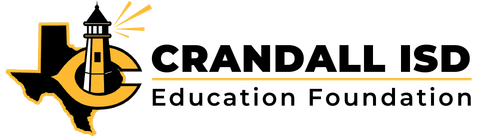 Logo for Crandall ISD Education Foundation: Texas silhouette with a lighthouse, the letter 