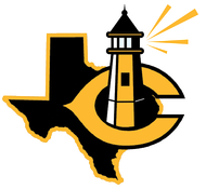Texas-shaped logo with black outline, gold 