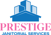 Prestige Janitorial Services logo with blue building icon and pink and blue text