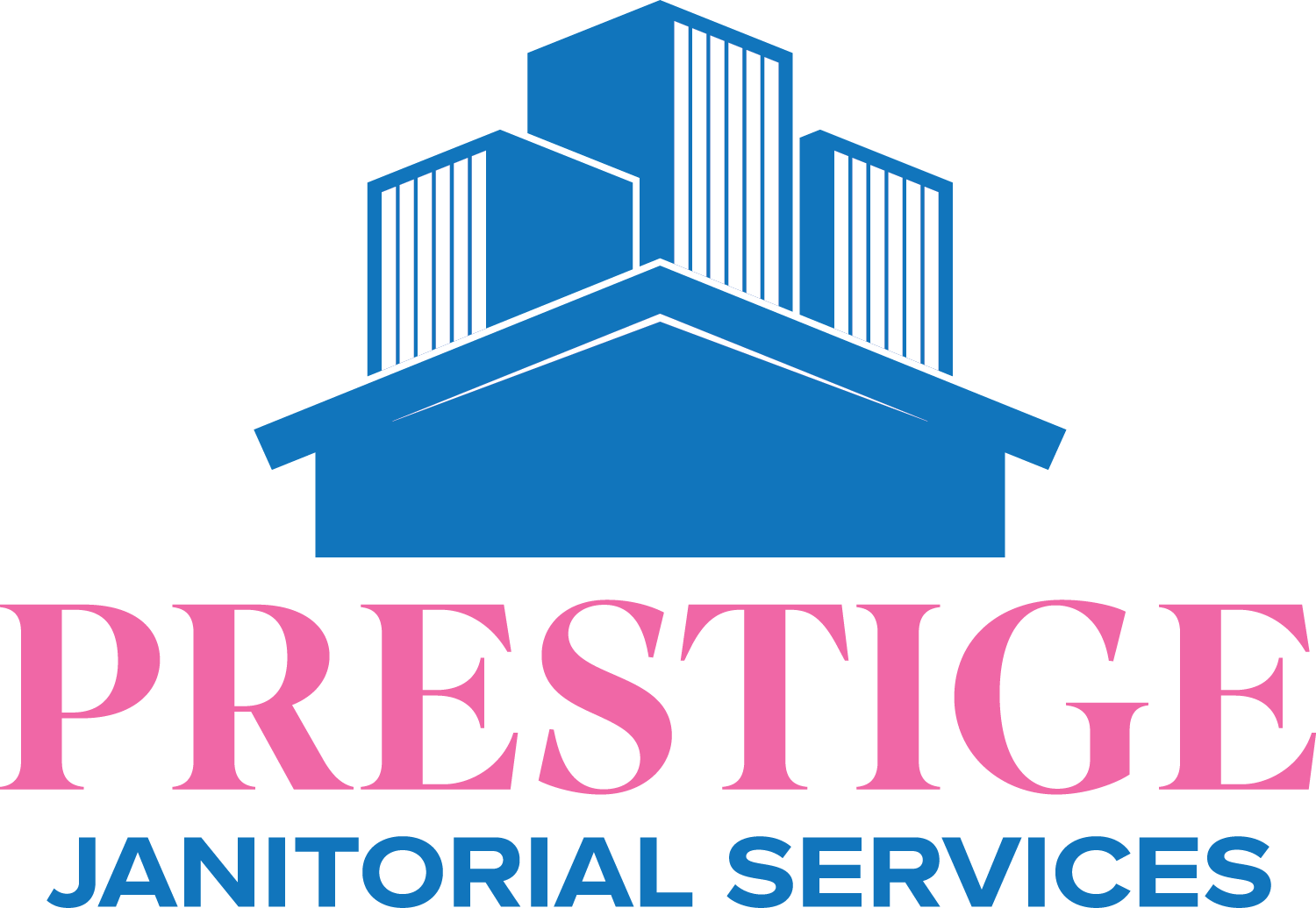 Prestige Janitorial Services logo with blue building icon and pink and blue text
