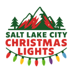 Salt Lake City Christmas Lights logo: Mountains, pine trees, colorful string lights, and text.
