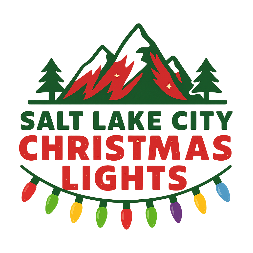 Salt Lake City Christmas Light Salt Lake City Christmas Lights logo: Mountains, pine trees, colorful string lights, and text.