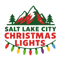 Salt Lake City Christmas Lights logo: Mountains, pine trees, colorful string lights, and text.