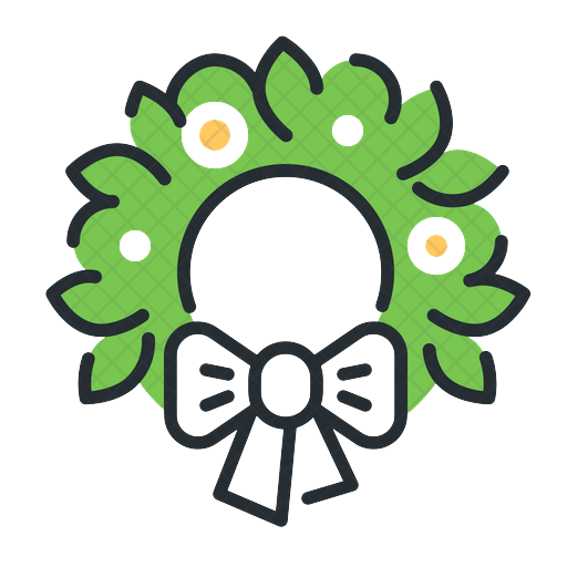 Green Christmas wreath with bow, white details, and yellow berries.
