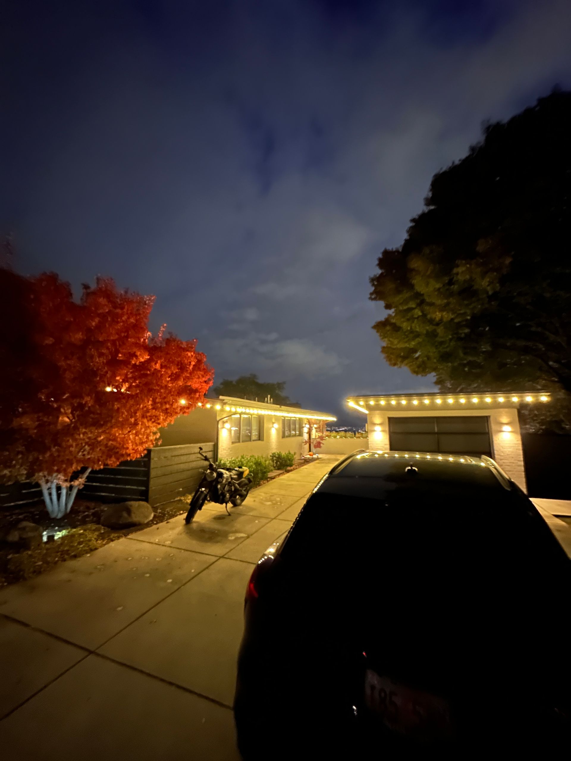 A house is lit up with christmas lights at night
