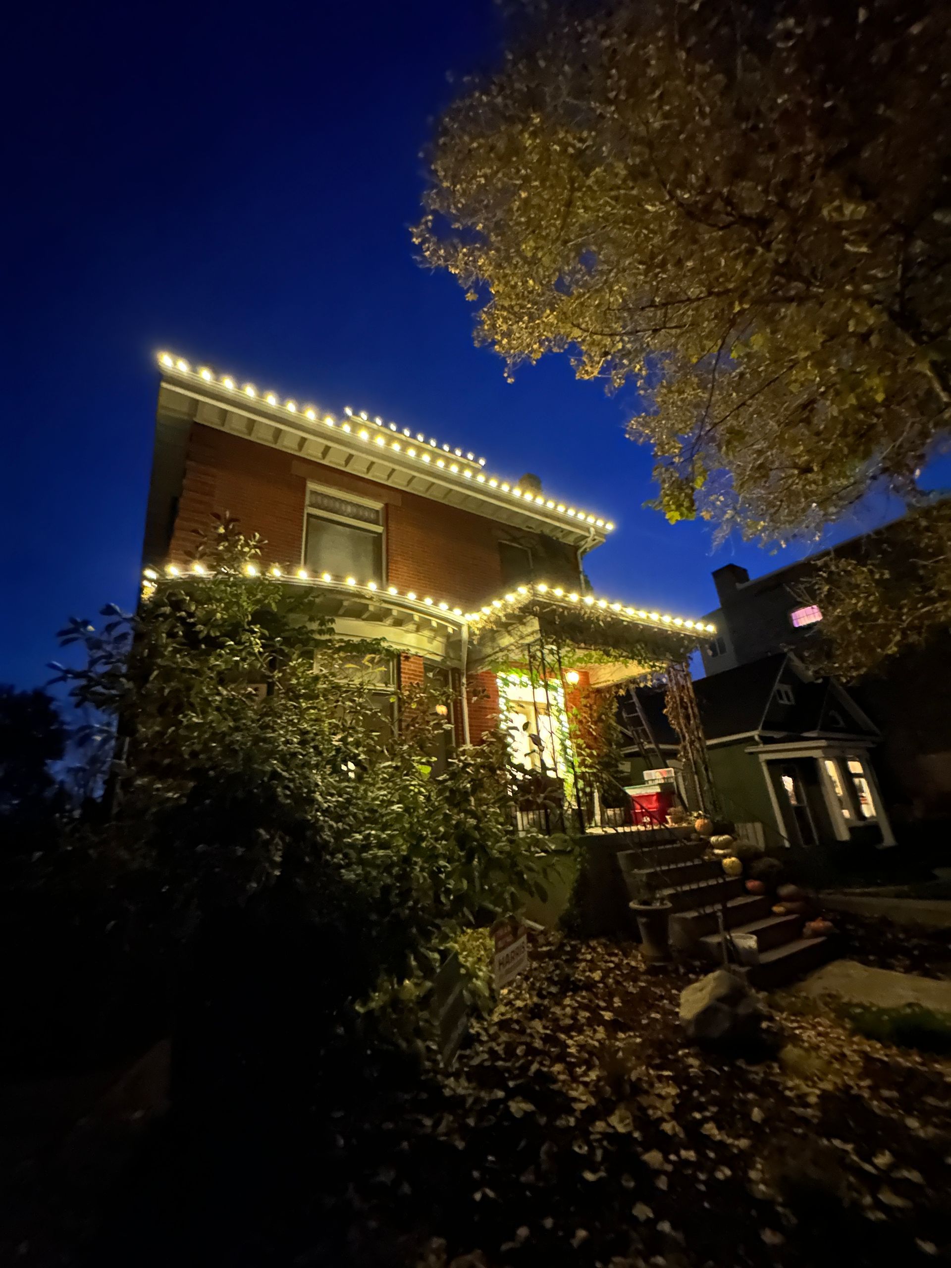 Night shot of a brick house lit with white lights along the roofline, bushes, and a tree.