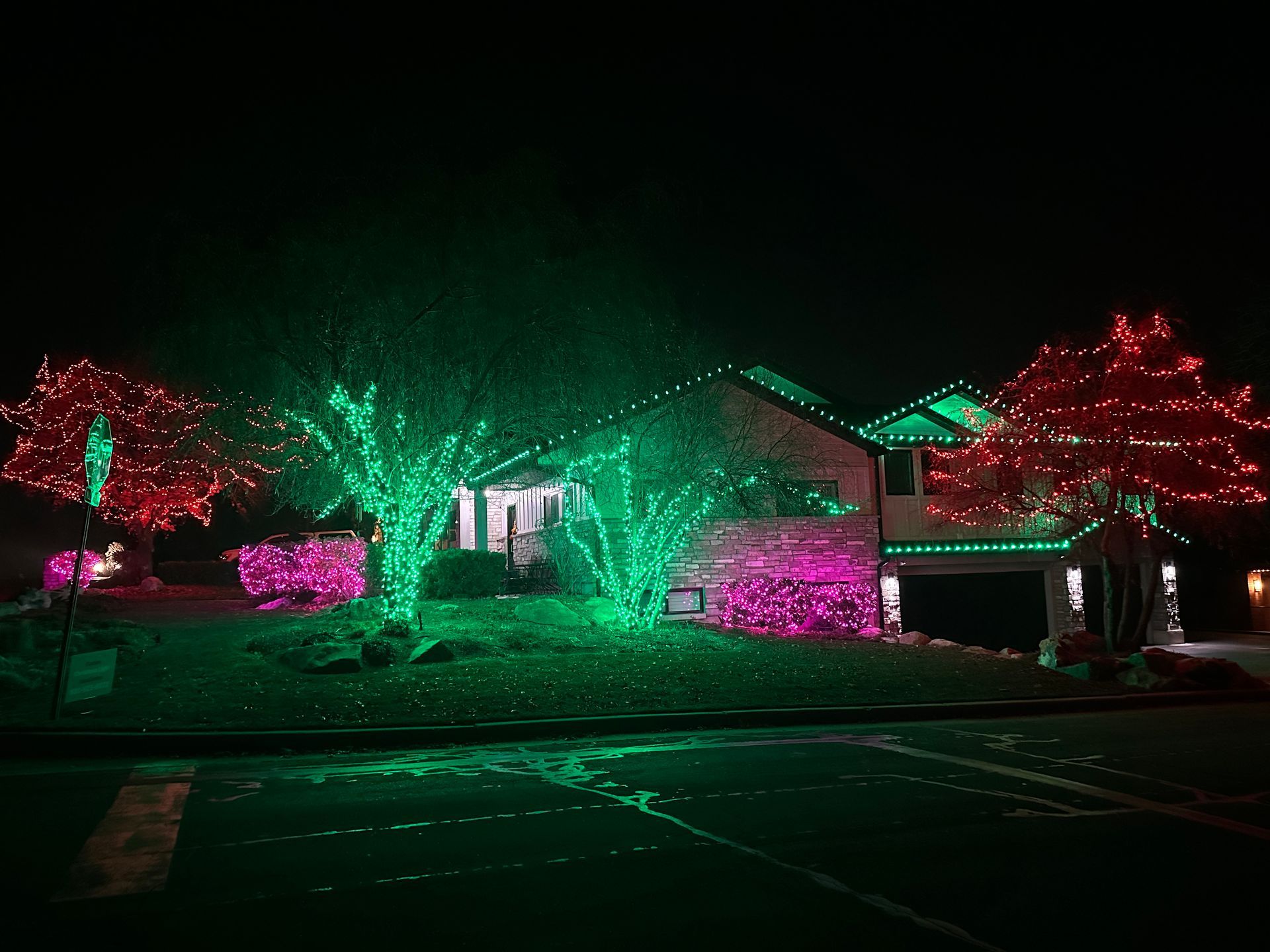 House and trees decorated with red, green, and pink holiday lights at night