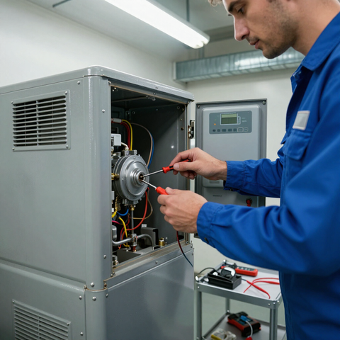 Technician in blue uniform repairing open gray industrial machine in a workshop