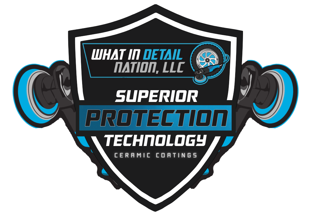 Logo for What In Detail Nation, LLC, black and blue shield,