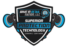 Logo for What In Detail Nation, LLC, black and blue shield,