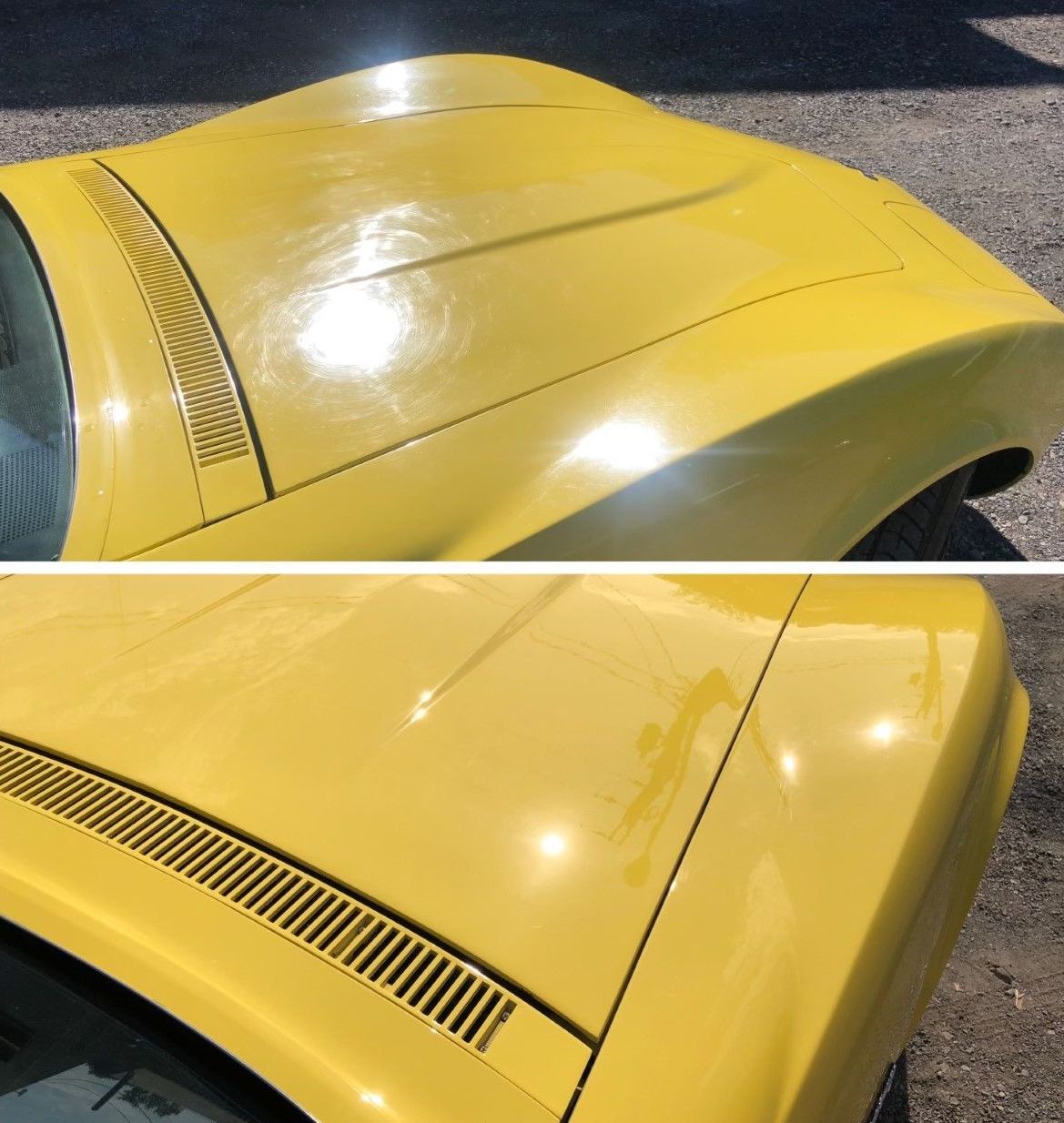 Before and after shots of a yellow car hood, showing a significant improvement in paint appearance after polishing.