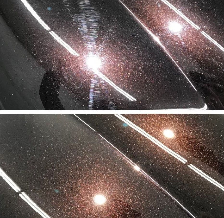 Before and after car paint polishing: top shows scratches, bottom reveals a glossy, flawless finish.