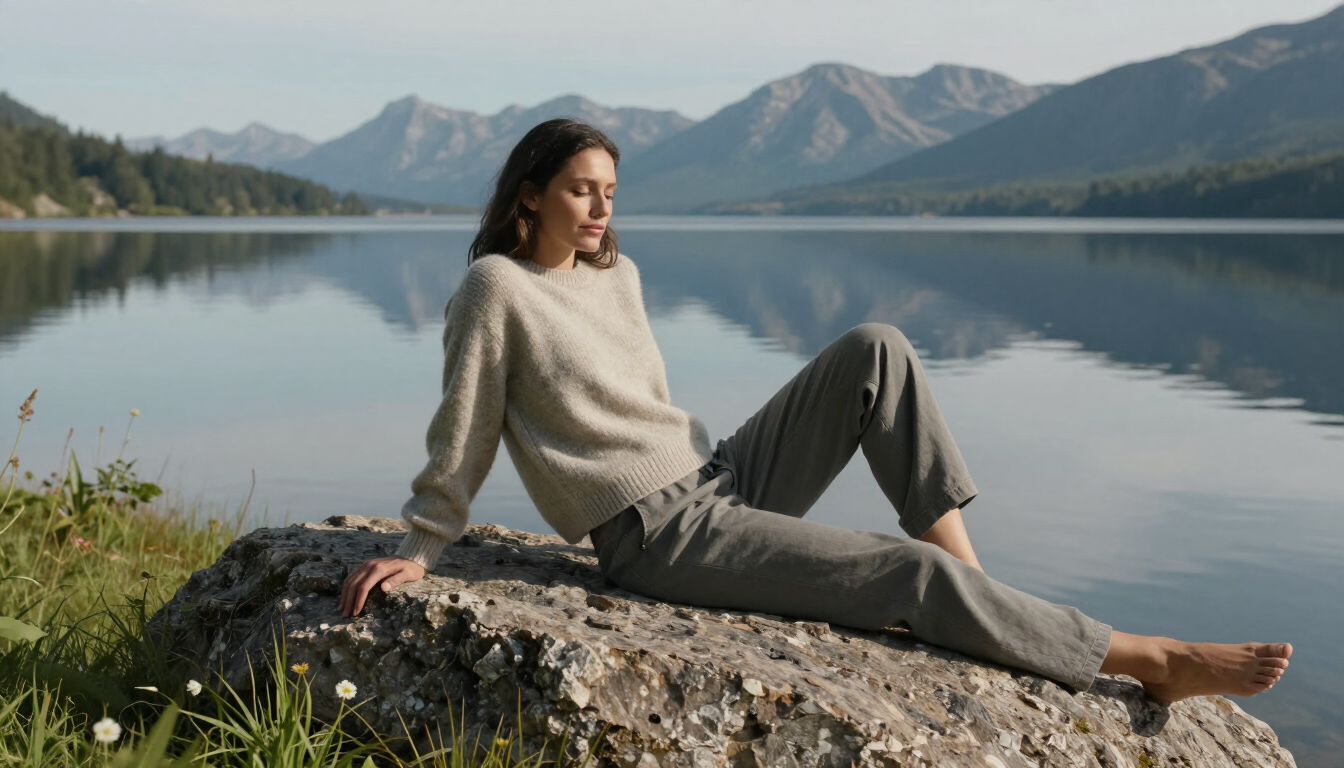 Woman sitting by a serene lake