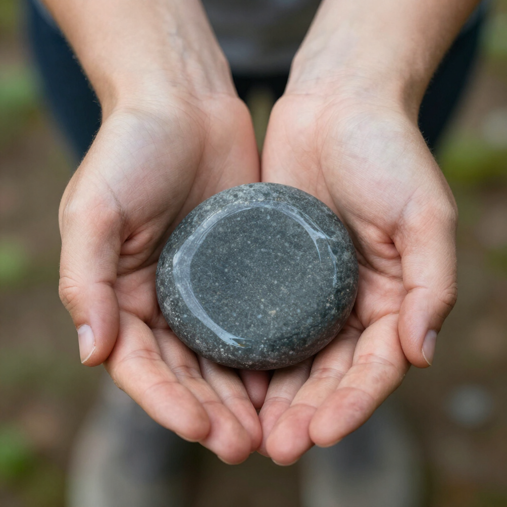 Hands holding a smooth stone