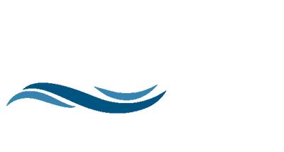 Blue and teal wavy logo on a white background