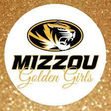 Logo for Mizzou Golden Girls dance team: white circle with Missouri Tigers logo and text 