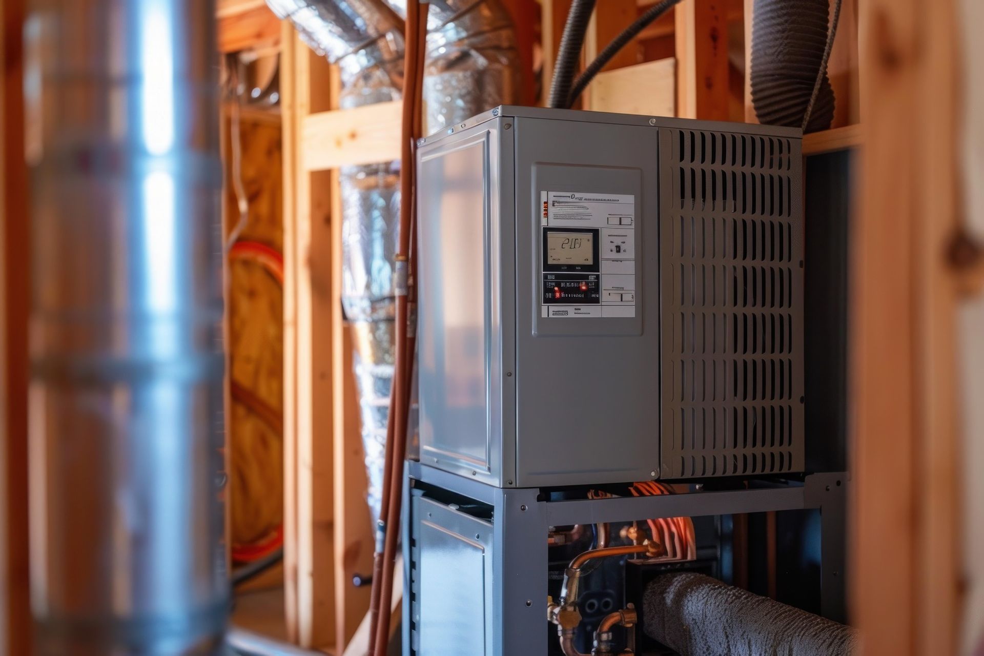 A grey furnace unit with a digital control panel, installed in an unfinished wooden basement with metal ductwork.