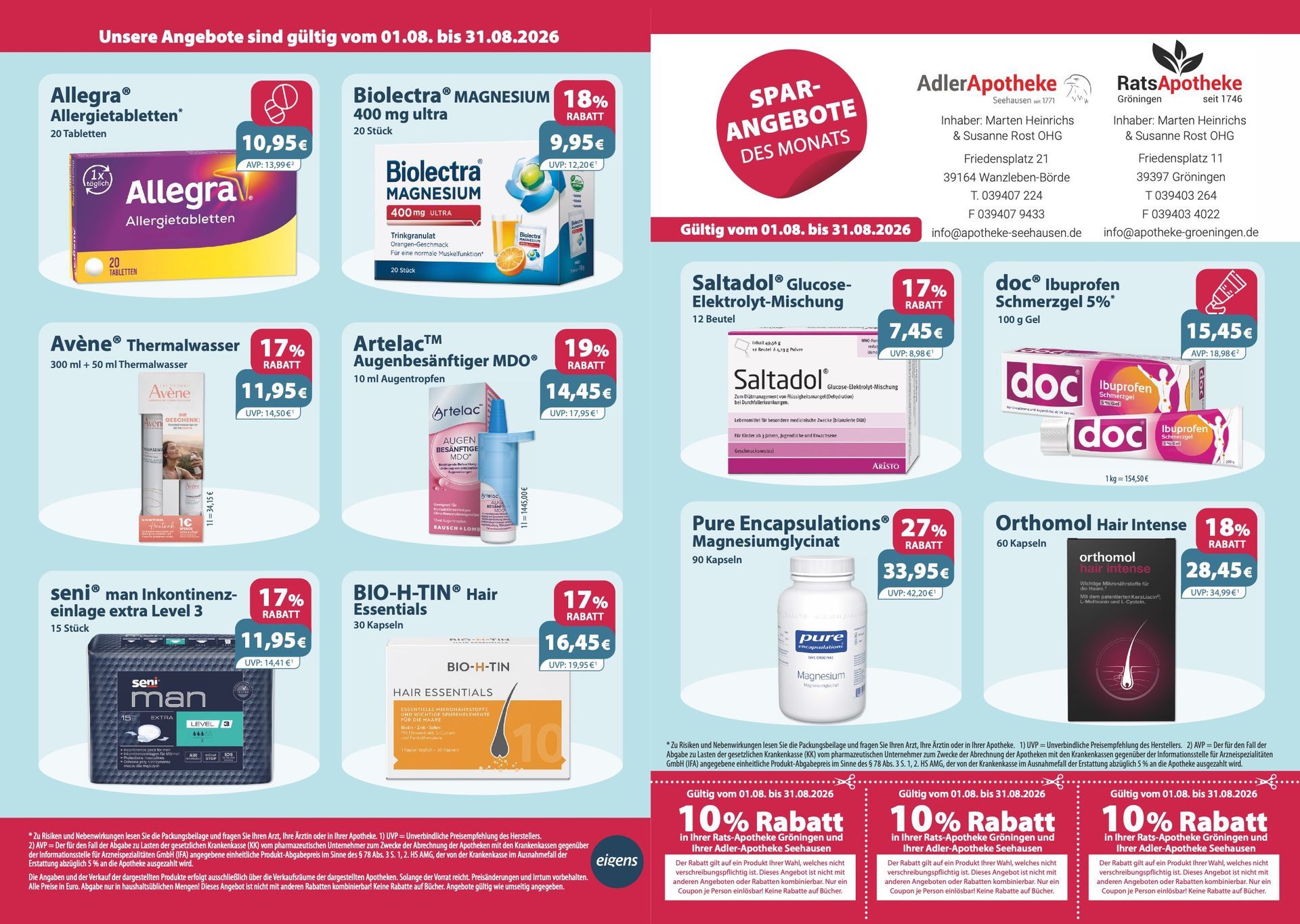Ein Flyer für eine Apotheke mit einem Bild von einem Strand und Sonnenschirmen.